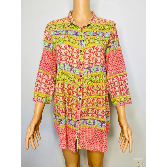 Aratta Silent Journey Mix Print Beaded Tunic Button Down Shirt Cotton size Small - Picture 1 of 8